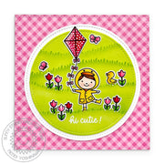 Sunny Studio Girl with Duck Raincoat Flying Kite with Tulips Pink Gingham Square Card using Puddle Jumpers 3x4 Clear Stamps
