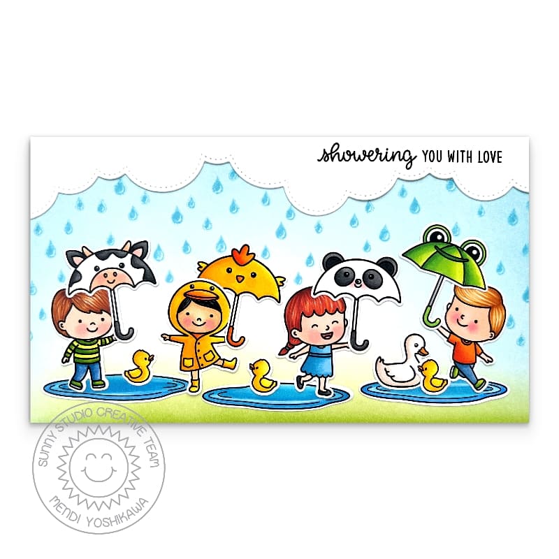 Sunny Studio Kids with Frog, Panda, Cow & Chicken Critter Umbrellas Slimline Love Card using Puddle Jumpers 3x4 Clear Stamps
