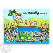 Sunny Studio Girl with Frog Umbrella & Ducks Spring Pond, Cattails, & Lily Pads Card using Country Scenes Clear Craft Stamps