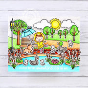 Sunny Studio Sunshine Is On The Way Girl In Park with Umbrella, Bench & Ducks Card using Spring Scenes Clear Craft Stamps