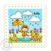 Sunny Studio Stamps Girl & Duck Umbrella Rainy Day Spring Hello Card using Scalloped Square 2 Small Metal Cutting Craft Dies