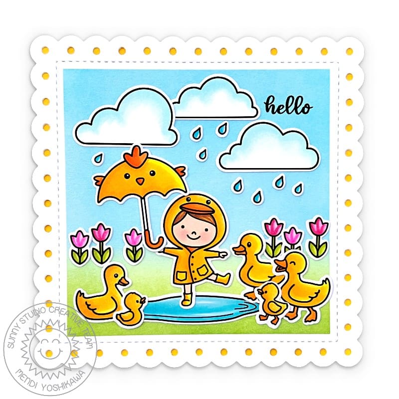 Sunny Studio Stamps Girl & Duck Umbrella Rainy Day Spring Hello Card using Scalloped Square 2 Small Metal Cutting Craft Dies