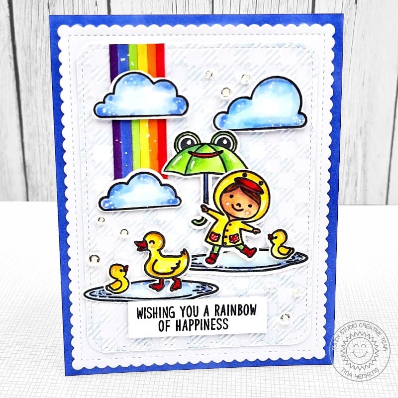 Sunny Studio Stamps Wishing You A Rainbow of Happiness Girl with Umbrella Rainy Day Card using Buffalo Plaid Embossing Folder