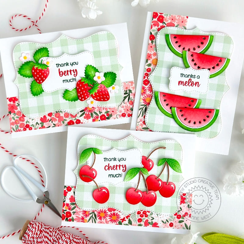 Sunny Studio Strawberry, Cherry & Watermelon Gingham Summer Fruit Card Set using Punny Fruit Greetings Clear Sentiment Stamps