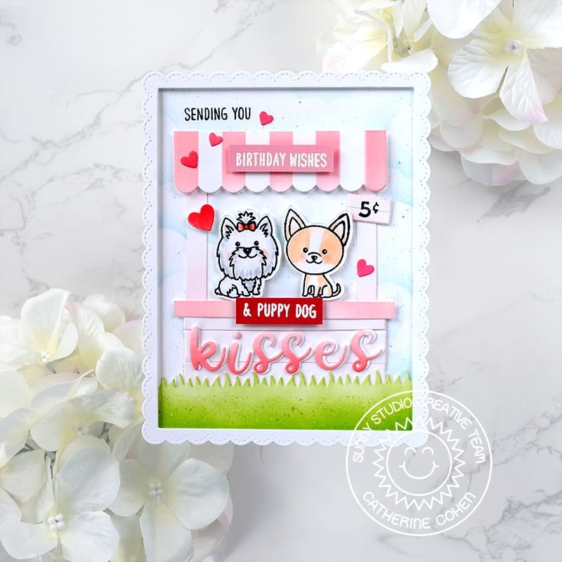 Sunny Studio Sending You Birthday Wishes Dogs with Pink Kissing Booth Card (using Puppy Dog Kisses 2x3 Clear Stamps)