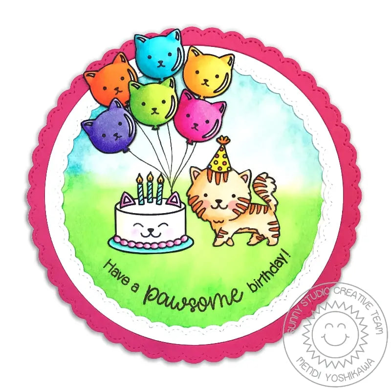 Sunny Studio Stamps Purrfect Birthday Pawsome Cat Balloon Card by Mendi Yoshikawa