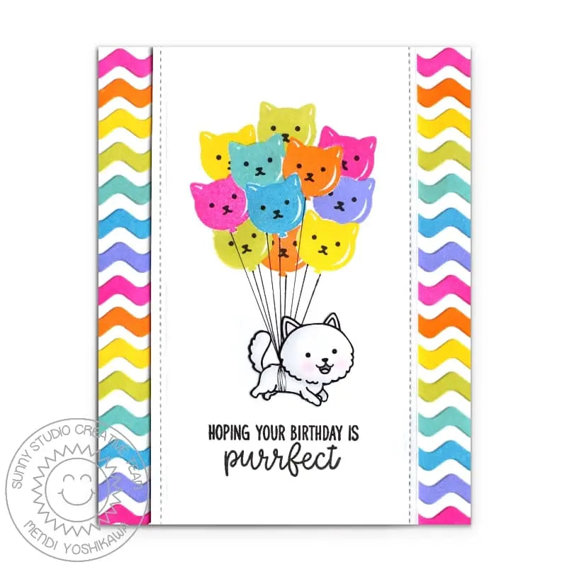 Sunny Studio Stamps Purrfect Birthday Floating Cat with Balloon Bouquet Card by Mendi Yoshikawa