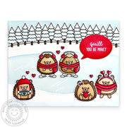 Sunny Studio Hedgehogs Ice Skating "Quill You Be Mine?" Winter Valentine's Day Card using Quill Cuties 4x6 Clear Craft Stamps