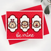 Sunny Studio Red & White Three Hedgehogs with Labels Be Mine Valentine's Day Card using Quill Cuties 4x6 Clear Craft Stamps