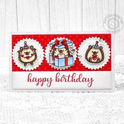 Sunny Studio Red, White, & Blue Hedgehog Zig-Zag Circle Mini Slimline Birthday Card using Quill Cuties 4x6 Clear Craft Stamps