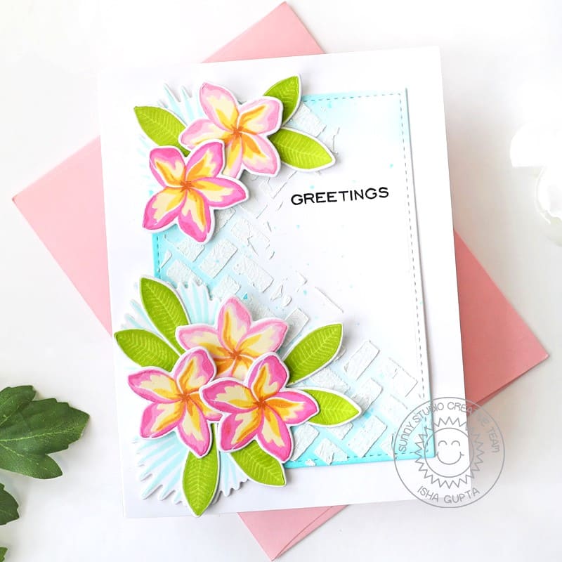 Sunny Studio Summer Greetings Mixed Media Pink Tropical Flowers Handmade Card using Radiant Plumeria Clear Layering Stamps