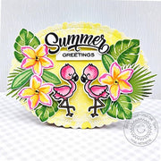 Sunny Studio Summer Greetings Flamingos & Tropical Flowers Scalloped Oval Card (using Radiant Plumeria Clear Layering Stamps)