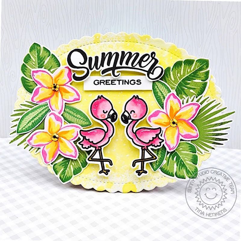 Sunny Studio Summer Greetings Flamingos & Tropical Plumeria Flowers Scalloped Oval Card using Fabulous Flamingo Clear Stamps