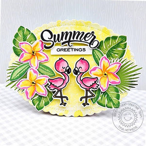 Sunny Studio Stamps Summer Greetings Flamingos & Tropical Plumeria Flowers Card using Scalloped Oval Mat 1 Metal Cutting Die
