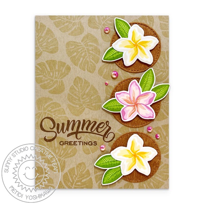 Sunny Studio Stamps Tropical Plumeria Floral Flowers & Leaves Summer Greeting Card using Window Quad Circle Metal Craft Dies