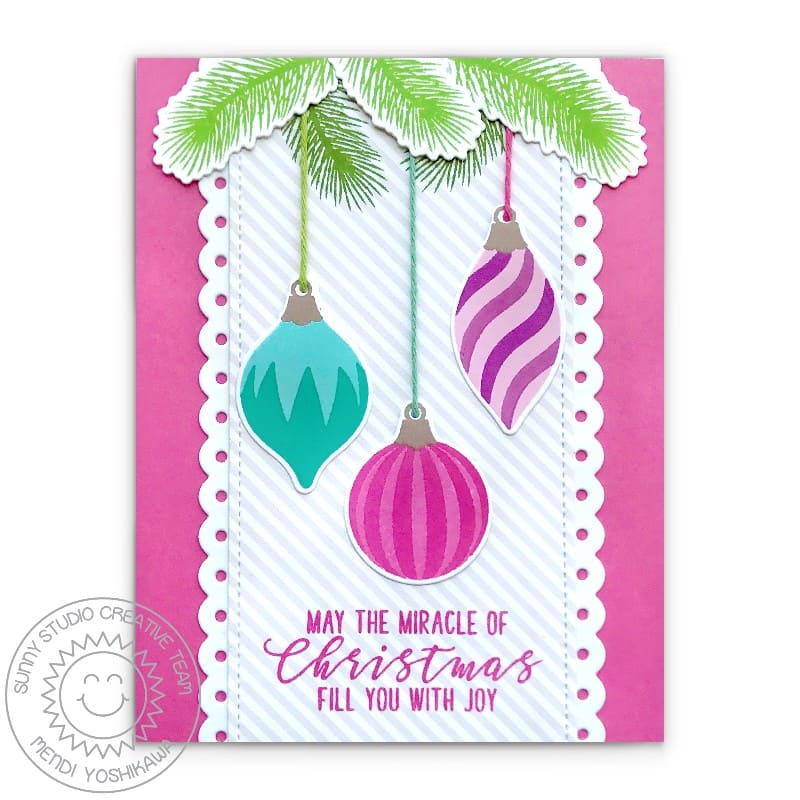 Sunny Studio May Miracle of Christmas Fill You With Joy Holiday Ornament Card using Inside Greetings Christmas Clear Stamps
