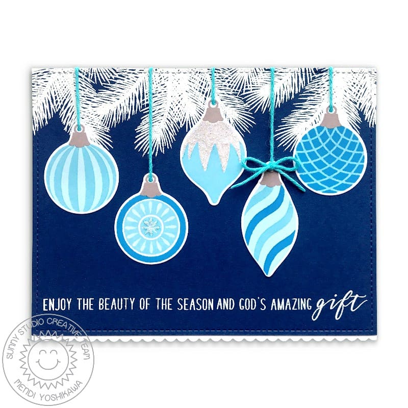 Sunny Studio Enjoy Beauty of Season Silver & Blue Hanging Holiday Ornament Card using Inside Greetings Christmas Clear Stamp