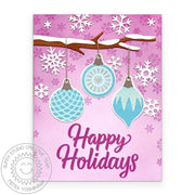Sunny Studio Vintage Holiday Baubles Hanging From Snowy Tree Branch Christmas Card using Retro Ornament Clear Craft Stamps