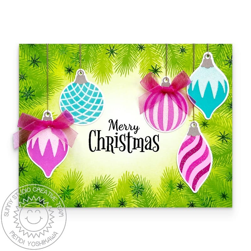 Sunny Studio handmade Christmas card with colorful ornaments and 'Merry Christmas' text on a green background
