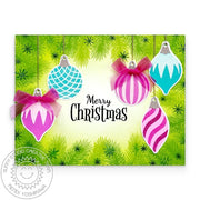 Sunny Studio Vintage Hot Pink & Aqua Holiday Baubles Christmas Card using Retro Ornament 4x6 Clear Layering Craft Stamps