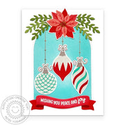 Sunny Studio Wishing You Peace & Joy Vintage Holiday Baubles Christmas Card using Retro Ornament Clear Layering Craft Stamps
