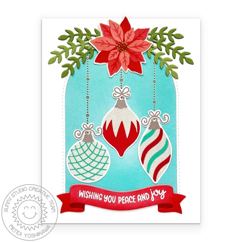 Sunny Studio Wishing You Peace & Joy Vintage Holiday Baubles Christmas Card using Retro Ornament Clear Layering Craft Stamps