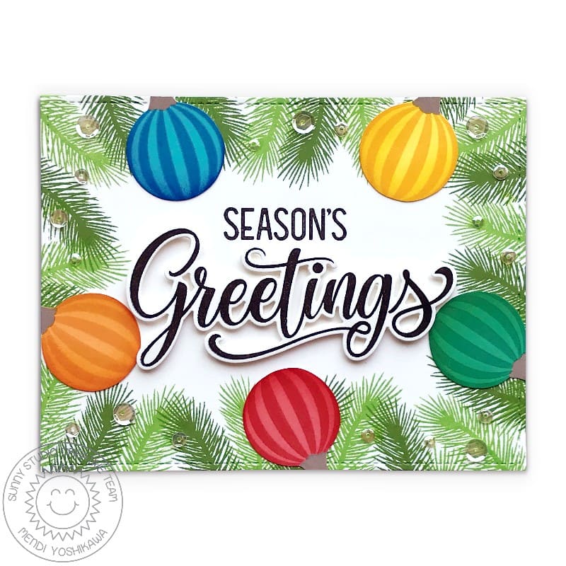 Sunny Studio Holiday Ornaments with Tree Garland Christmas Card (using Season's Greetings Clear Sentiment Stamps)