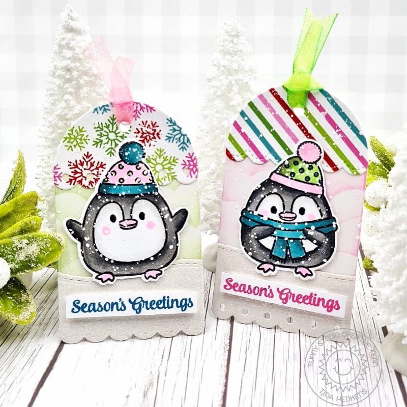 Sunny Studio Penguin Season's Greetings Scalloped Christmas Holiday Gift Tags using Roly Poly Penguins 4x6 Clear Craft Stamps