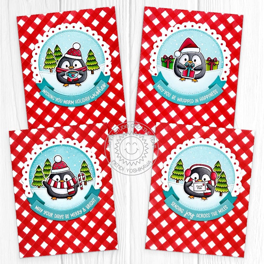 Sunny Studio Penguins Red Gingham Christmas Cards using Roly Poly Penguins & Build-a-Greeting Holidays Clear Sentiment Stamps