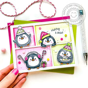 Sunny Studio Chubby Penguins Merry & Bright Pink & Green Holiday Christmas Card using Roly Poly Penguins Clear Craft Stamps