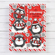 Sunny Studio Stamps Punny Penguin Red & White Candy Cane Striped Holiday Christmas Card using All Is Bright 6x6 Paper Pad