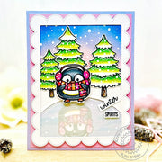 Sunny Studio Penguin with Reflection in Frozen Pond Winter Holiday Christmas Card using Roly Poly Penguins Clear Craft Stamps