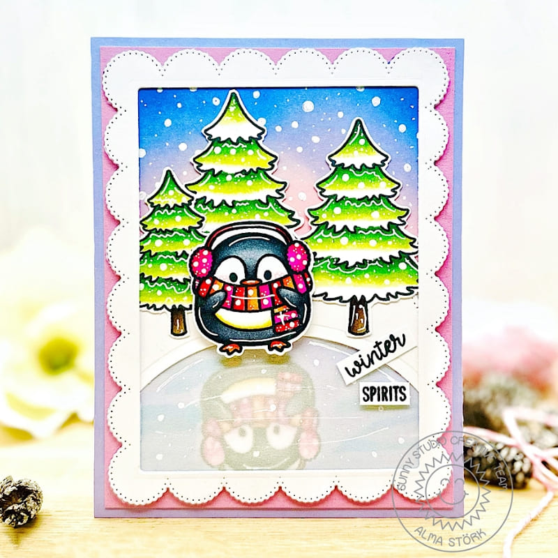 Sunny Studio Penguin with Reflection in Frozen Pond Winter Holiday Christmas Card using Roly Poly Penguins Clear Craft Stamps