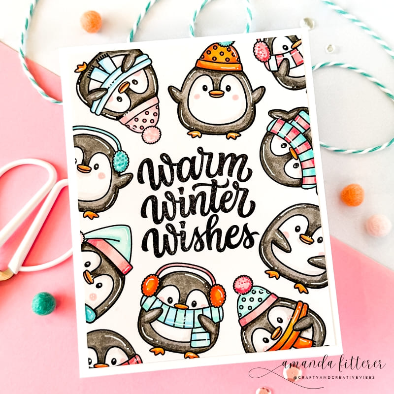 Sunny Studio Warm Winter Wishes Penguin Holiday Christmas Card by Amanda Fitterer using Roly Poly Penguins Clear Craft Stamps