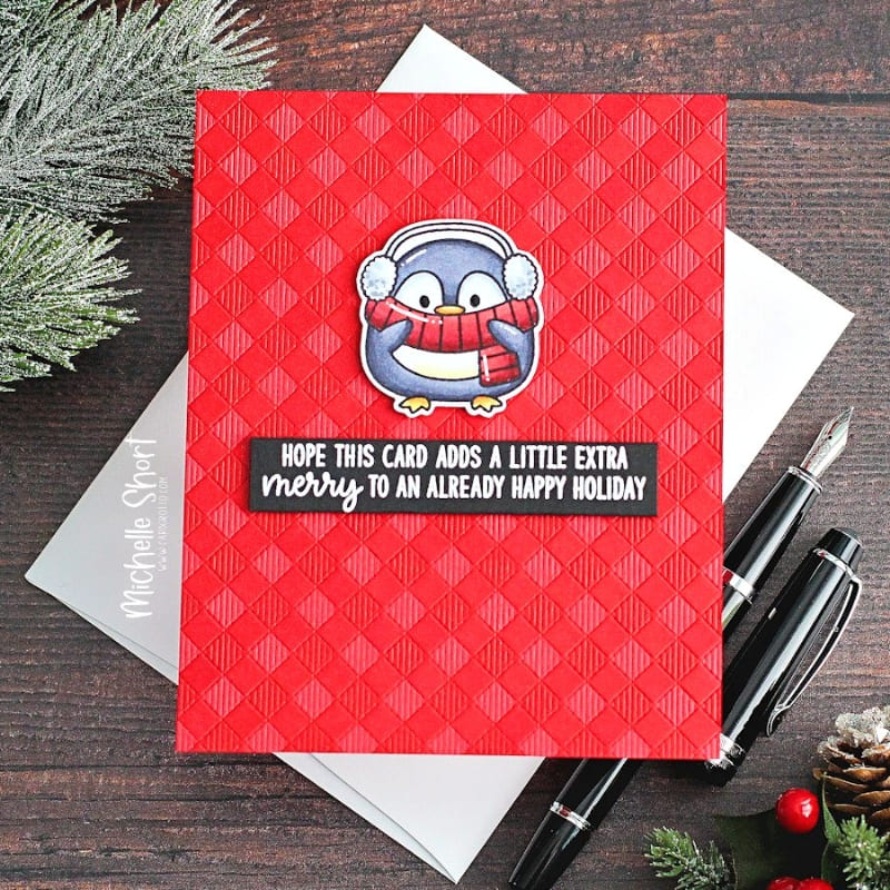 Sunny Studio Stamps Red Gingham Embossed Penguin Holiday Christmas Card using Buffalo Plaid Diagonal Background Metal Die