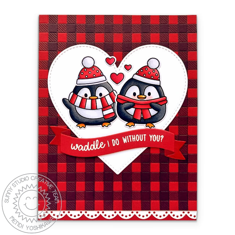 Sunny Studio Stamps Red Buffalo Plaid Checked Penguin Holiday Christmas Card using Brilliant Banner 3 Metal Cutting Craft Die