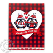 Sunny Studio Stamps Waddle I Do Without You? Penguin Buffalo Plaid Holiday Card using Stitched Heart 2 Metal Cutting Dies