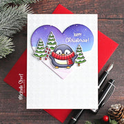Sunny Studio Penguin in Heart with Snowy Trees Winter Holiday Christmas Card using Roly Poly Penguins Clear Craft Stamps