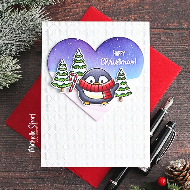 Sunny Studio Stamps Penguin in Heart with Fir Trees Winter Holiday Christmas Card using Buffalo Plaid Diagonal Background Die