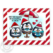 Sunny Studio Penguins Drinking Coffee at Cafe Red Striped Holiday Christmas Card using Roly Poly Penguins Clear Craft Stamps