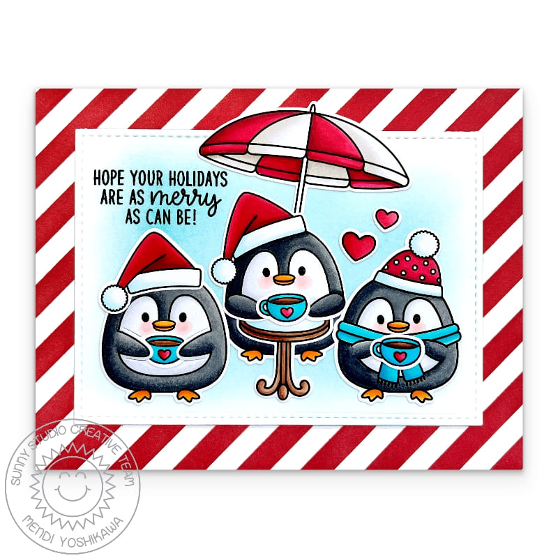 Sunny Studio Penguins Drinking Coffee at Cafe Red Striped Holiday Christmas Card using Roly Poly Penguins Clear Craft Stamps