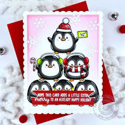 Sunny Studio Penguin Pyramid Pink Snowflake Extra Merry Holiday Christmas Card using Roly Poly Penguins Clear Craft Stamps