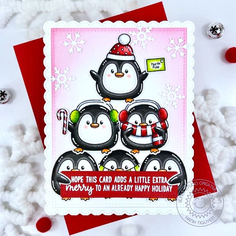 Sunny Studio Penguin Pyramid Pink Snowflake Extra Merry Holiday Christmas Card using Roly Poly Penguins Clear Craft Stamps
