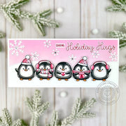 Sunny Studio Stamps Pink Penguin Sending Holiday Hugs Christmas Slimline Card using Roly Poly Penguins 4x6 Clear Craft Stamps