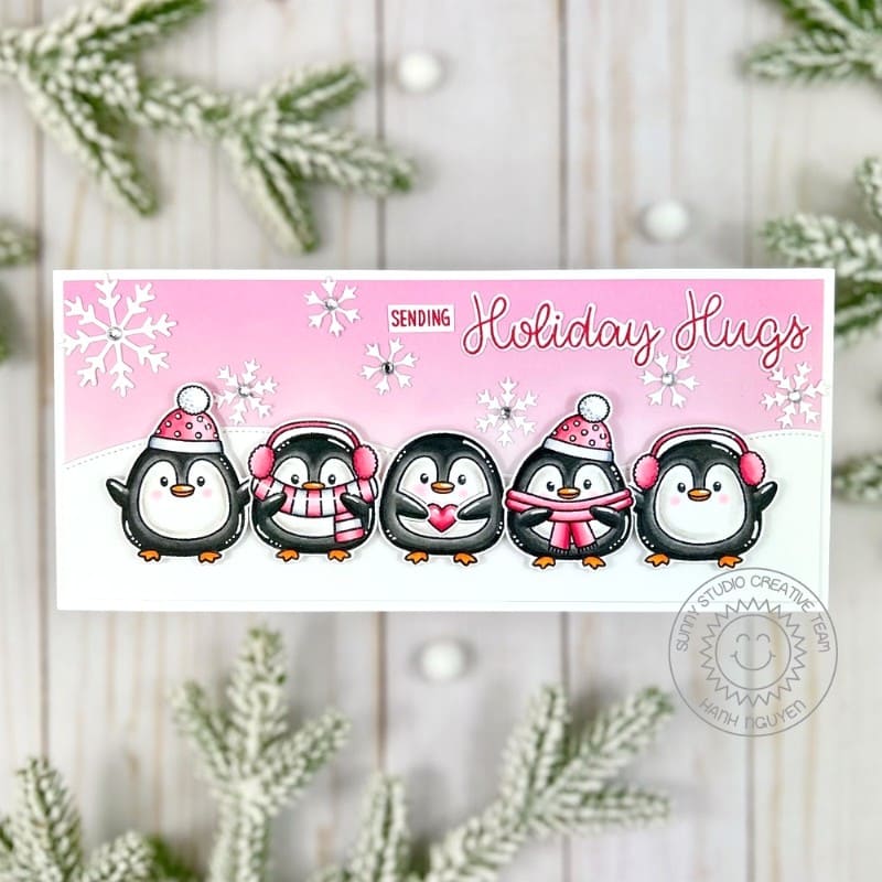 Sunny Studio Stamps Pink Penguin Sending Holiday Hugs Christmas Slimline Card using Roly Poly Penguins 4x6 Clear Craft Stamps