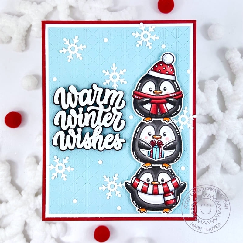 Sunny Studio Stacked Penguins Blue Snowflake Winter Wishes Holiday Christmas Card using Roly Poly Penguins Clear Craft Stamps