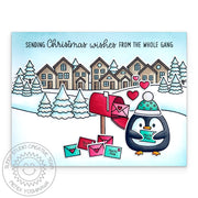 Sunny Studio Sending Christmas Wishes Penguin with Mailbox & Letters Holiday Card using Snail Mail Clear Craft Stamps