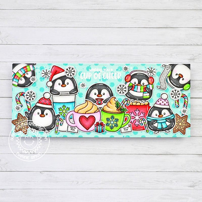 Sunny Studio Penguins with Hot Cocoa & Coffee Cups Slimline Winter Holiday Christmas Card using Mug Hugs Clear Craft Stamps