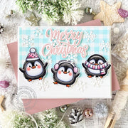 Sunny Studio Penguins in Snow Blue Gingham Winter Holiday Christmas Card by Nicky Meek using Roly Poly Penguins Clear Stamps