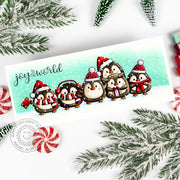 Sunny Studio Joy To the World Stacked Penguins Slimline Christmas Holiday Card using Roly Poly Penguins Clear Craft Stamps